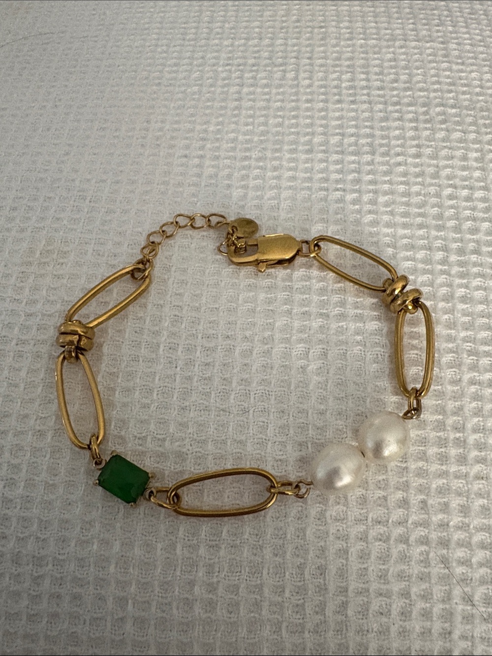 Gold freshwater Pearl Chain Bracelet with Green Gem accents